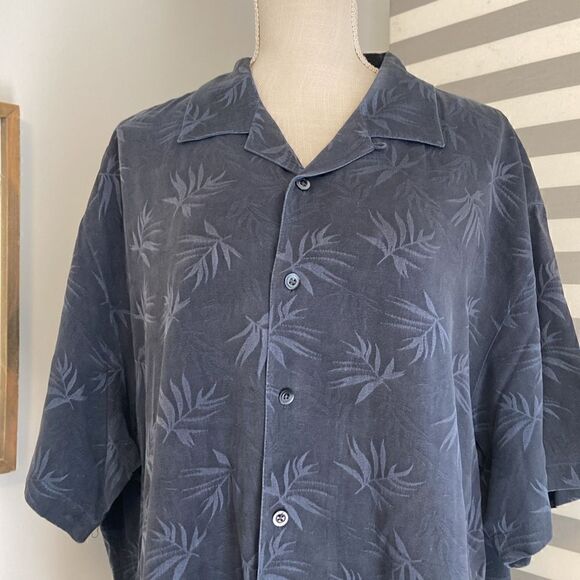 Joseph & Feiss Navy Blue Foliage Leaf Print 100% Silk Button Up Shirt Size XXL - Picture 2 of 7